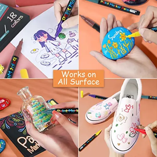 18 Colors Acrylic Paint Pens, Paint Markers for Rock Painting Wood Canvas Fabric Glass Ceramic Easter Eggs Pumpkin (0.7mm) {4}