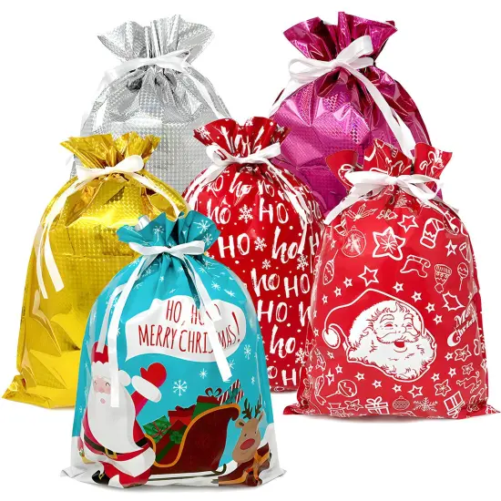 Wrapables Aluminum Foil Christmas Holiday Drawstring Gift Bags for Party Favors, Goodie Bag, Treats, Gift Wrap, Parties (of 6) XL Red White {1}