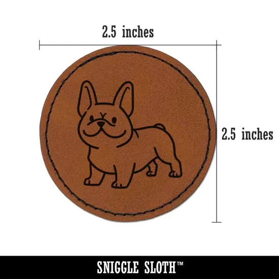 Frenchie Standing French Bulldog Dog Round Iron-On Engraved Faux Leather Patch Applique - 2.5" Brown {3}