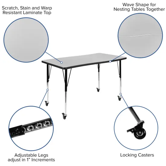 Emma and Oliver 3 Mobile Piece 76" Oval Wave Collaborative Grey Adjustable Activity Table Set {4}