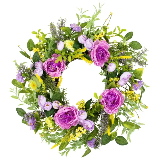 Northlight Peony Mixed Floral Springtime Wreath - 24" - Purple and Yellow {4}