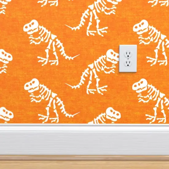 Peel & Stick Wallpaper 2FT Wide Orange Dinosaur Tyrannosaurus Rex Trex Dino Bones Kid Small Scale Jurassic Custom Removable Wallpaper by Spoonflower {3}