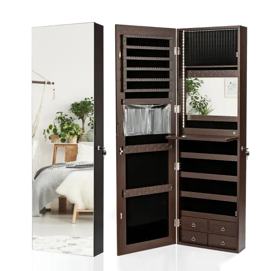 Multipurpose Storage Jewelry Cabinet with 4 Drawers and Full-length Mirror Brown {4}