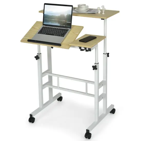 Height Adjustable Computer Desk with 2 Tilting Workstation and 4 Smooth Rolling Lockable Casters Walnut {8}