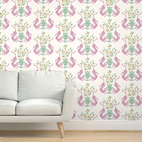Peel & Stick Wallpaper 2FT Wide Whimsical Pink Green Orange Damask Animals Botanical Custom Removable Wallpaper by Spoonflower {5}
