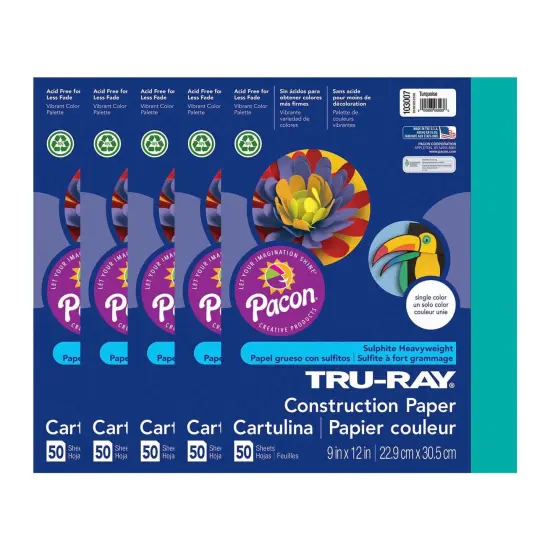 Construction Paper, Turquoise, 9" x 12", 50 Sheets Per Pack, 5 Packs {1}