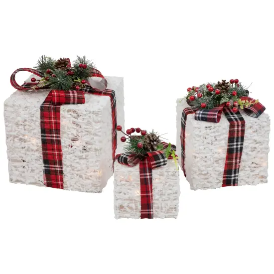 Northlight Lighted Textured and Plaid Gift Boxes Outdoor Decorations - Warm White - Set of 3 {5}