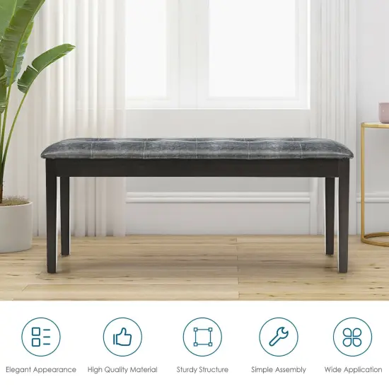 Upholstered Dining Room PU Bench Solid Wood Button Tufted Grey {3}