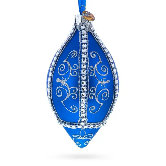 Jeweled Pattern on Blue Pointed Teardrop Finial Glass Christmas Ornament {3}