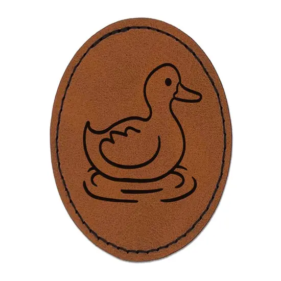 Delightful Duck Swimming on Water Round Iron-On Engraved Faux Leather Patch Applique - 2.5" Brown {1}