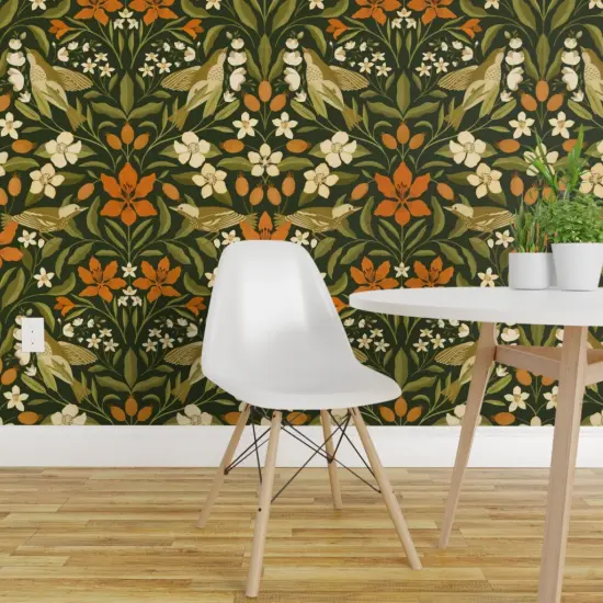 Pre-Pasted Wallpaper 2FT Wide Jumbo Floral Green Leaves Orange Lily Flowers Birds Custom Pre-pasted Wallpaper by Spoonflower {1}
