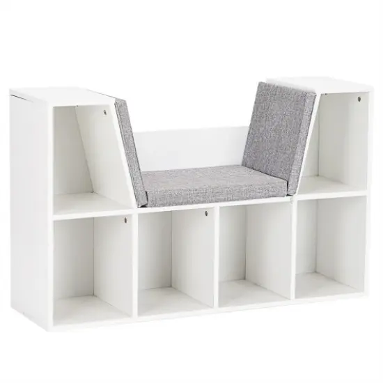 6-Cubby Kid Storage Bookcase Cushioned Reading Nook White {1}
