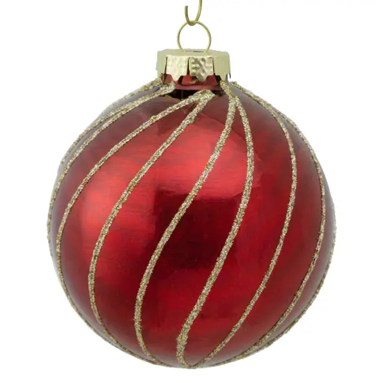 Northlight Glitter Swirl Stripes Christmas Glass Ball Ornaments - 3" (76mm) - Ruby Red - 4ct {6}