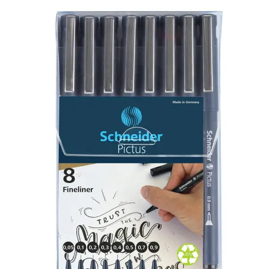 Pictus Fineliners, Wallet, 8 Pieces, Black Ink, Assorted Sizes {4}