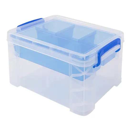 Storage Studios Super Stacker Divided Storage Box-6.38"X7.25"X10.88 Clear/Blue Handles {2}