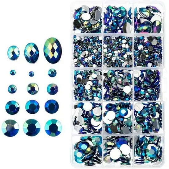 John Bead Blue AB Assorted Round & Oval Acrylic Flat Back Rhinestones Box {1}