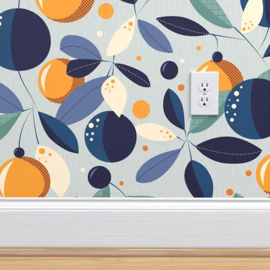 Peel & Stick Wallpaper 2FT Wide Blue Floral Oranges Citrus Garden Mid-Century Botanical Moonlight Tuscan Mediterranean Large Scale Custom Removable Wallpaper by Spoonflower {4}