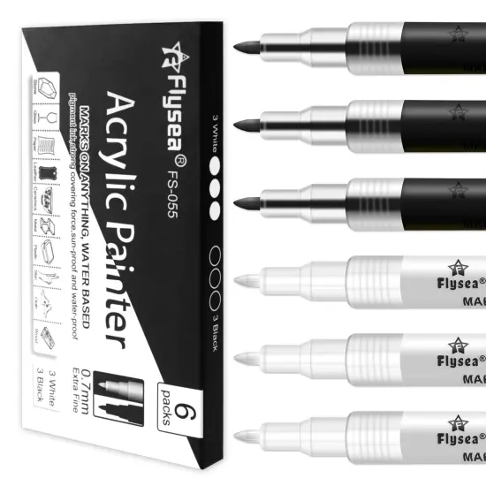 EBOT Acrylic Paint Pen White Black, 6 Pack Black Paint Markers for Rock Wood Fabric Plastic Leather Glass Stone Metal Canvas,Water-Based Acrylic Paint Sets {1}