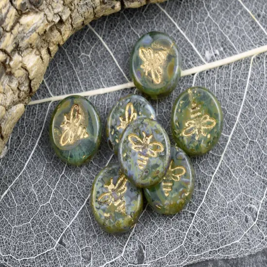 *12* 12mm Gold Washed Green Aqua Picasso Bee Coin Beads {2}