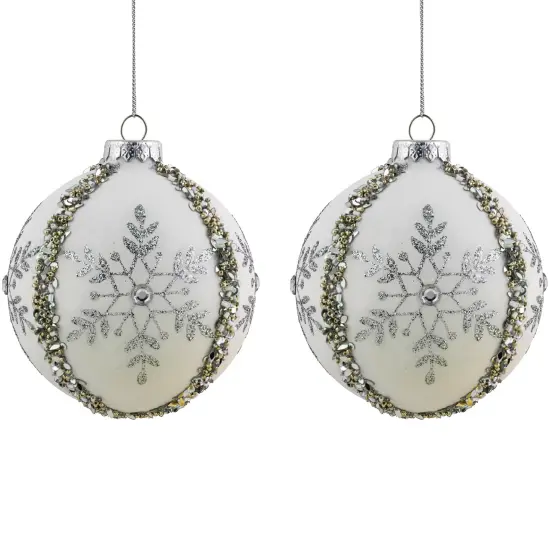 Northlight Set of 2 Matte White Sequin Glitter Snowflake Glass Christmas Ornaments 4" {1}