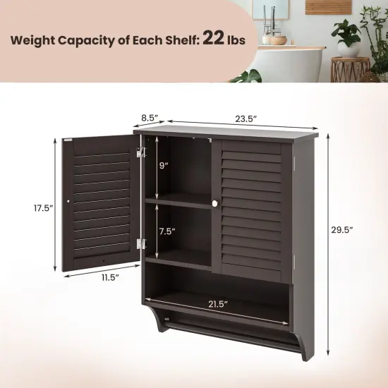 2-Doors Bathroom Wall-Mounted Medicine Cabinet with Towel Bar Brown {5}
