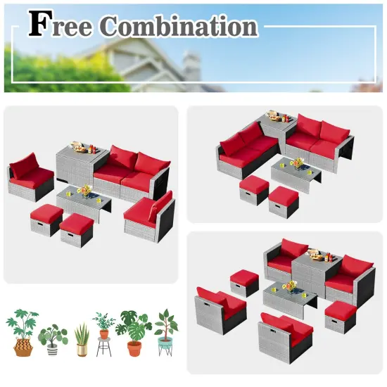 8 Pieces Patio Rattan Furniture Set with Storage Waterproof Cover and Cushion Red {5}