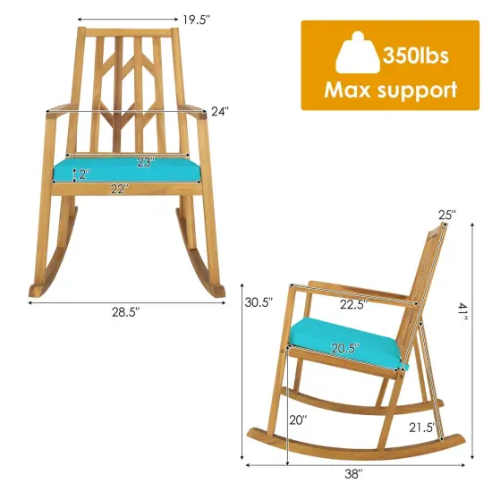 Patio Acacia Wood Rocking Chair Sofa with Armrest and Cushion for Garden and Deck Blue {4}