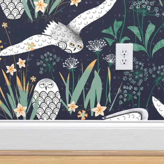 Pre-Pasted Wallpaper 2FT Wide Snowy Owls Botanical Folk Art Xl Scale Jumbo Mid Century Queen Anne Lace Cottagecore Custom Pre-pasted Wallpaper by Spoonflower {4}