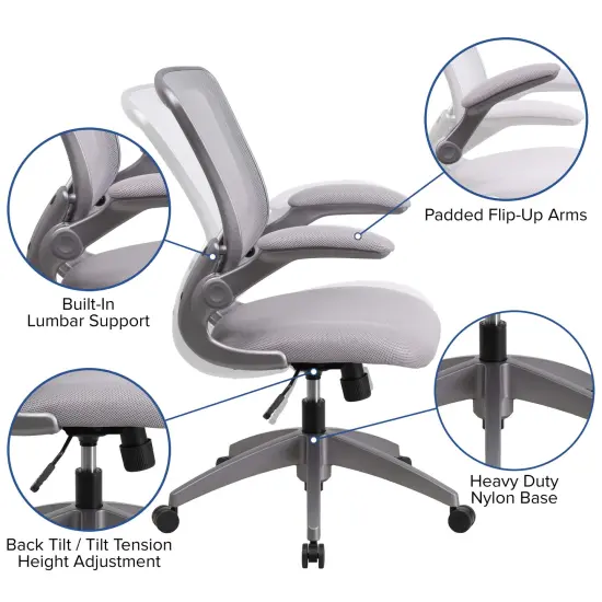 Emma and Oliver Mid-Back Mesh Swivel Ergonomic Task Office Chair with Gray Frame & Flip-Up Arms {2}