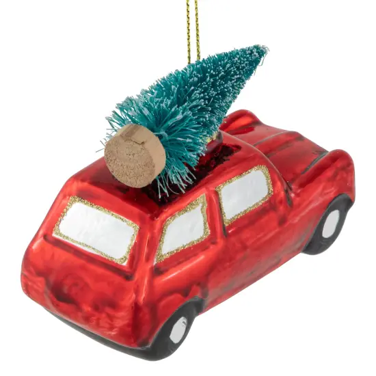 Northlight Station Wagon with Tree Glass Christmas Ornament - 3.5" - Red {5}