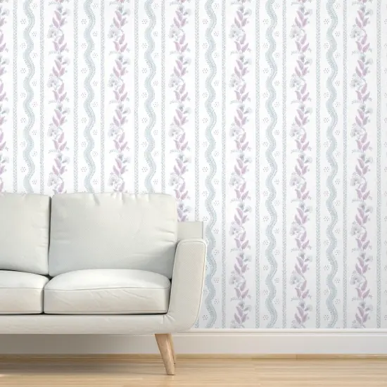Peel & Stick Wallpaper 2FT Wide Cottagecore Floral Stripe Botanical Grandmillennial Purple Blue Traditional Custom Removable Wallpaper by Spoonflower {5}