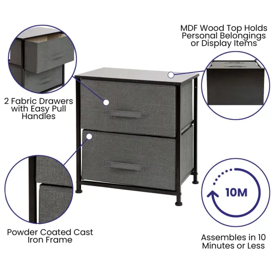 Emma and Oliver 2 Drawer Storage Stand with Wood Top & Dark Fabric Pull Drawers Black/Gray {2}
