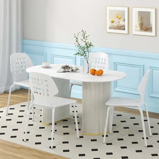 Costway Metal Dining Chair Set of 4 Armless Kitchen Hollowed Backrest & Metal Legs Blue/White {4}