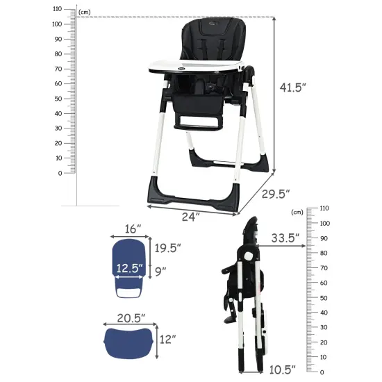 Foldable High chair with Multiple Adjustable Backrest Black {4}