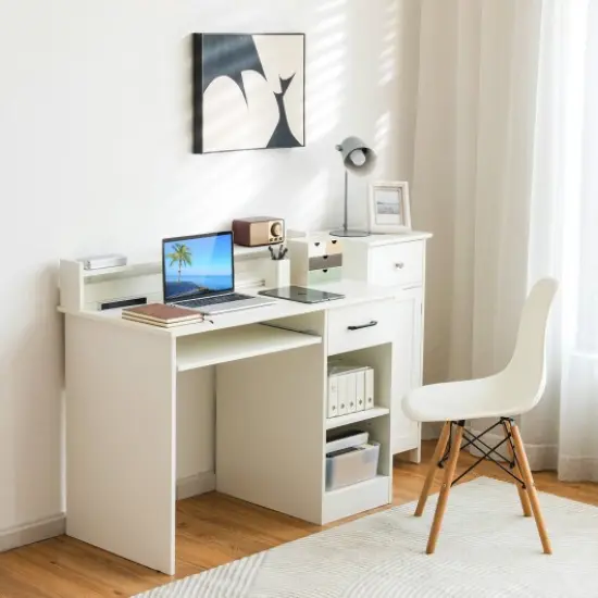 Modern Computer Desk with Large Drawer Pull-Out Keyboard Tray and Multi-Level Storage Shelf White {2}