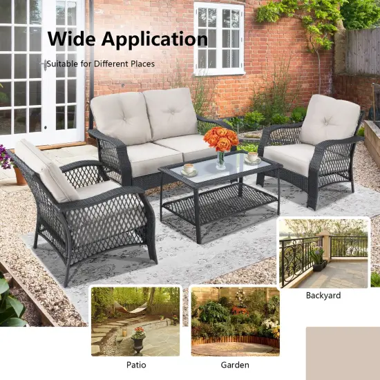 4 Pieces Patio Wicker Furniture Set Loveseat Sofa Coffee Table with Cushion-Beige {6}