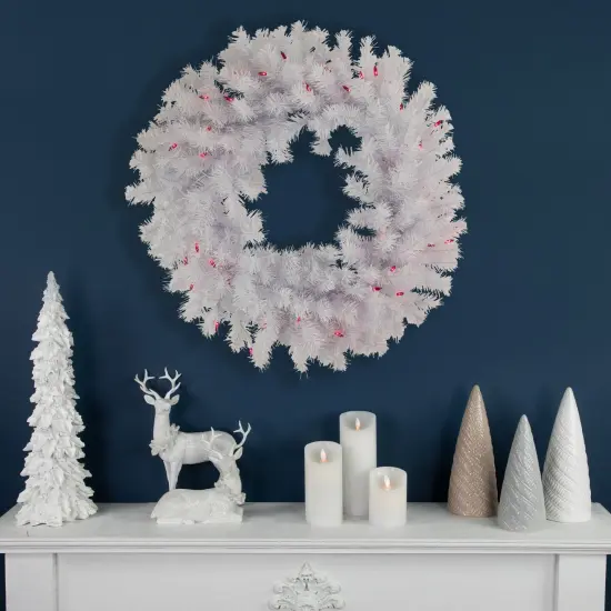 Northlight Pre-Lit Geneva Spruce Artificial Christmas Wreath - White - 24" - White - Pink Lights {4}