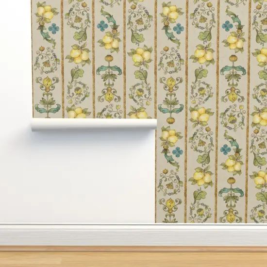Pre-Pasted Wallpaper 2FT Wide Yellow Teal Floral Gold Large Scale Hand Drawn Lemons Italian Florentine Botanical Fruit Directional Custom Pre-pasted Wallpaper by Spoonflower {2}