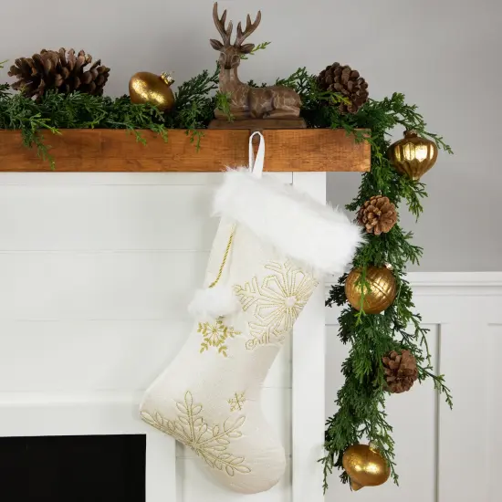 Northlight 20" Cream with Gold Snowflakes Christmas Stocking with Faux Fur Cuff White {3}