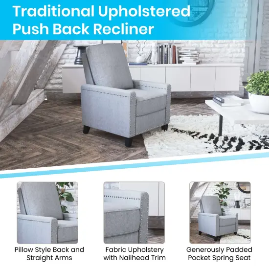 Merrick Lane Renza Transitional Pushback Recliner with Pillow Style Back and Accent Nail Trim - Manual Recliner Light Gray {2}