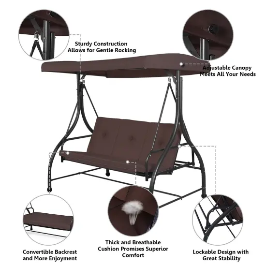 3 Seats Converting Outdoor Swing Canopy Hammock with Adjustable Tilt Canopy Brown {5}