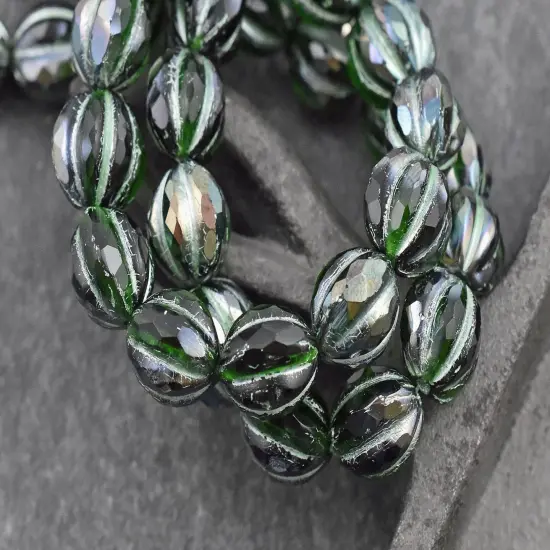 *12* 10mm Metallic Green Washed Emerald Green Faceted Round Melon Beads {2}