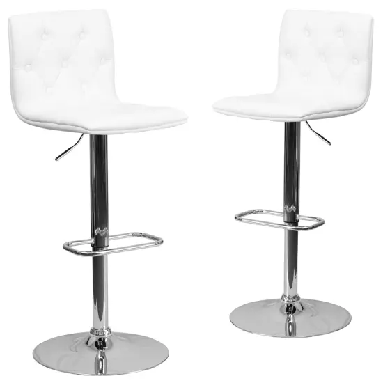 Emma and Oliver 2 Pack Contemporary Button Tufted Vinyl Adjustable Height Barstool with Chrome Base White {1}