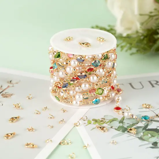 3M Artificial Pearl Chains for Jewelry Making, Mixed Color Rhinestone Jewelry Chains Bulk with Jump Rings and Lobster Clasps Jewelry Supplies Findings {1}