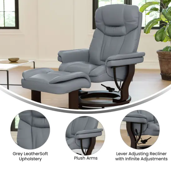 Emma and Oliver Multi-Position Recliner & Curved Ottoman with Swivel Wood Base Gray {2}