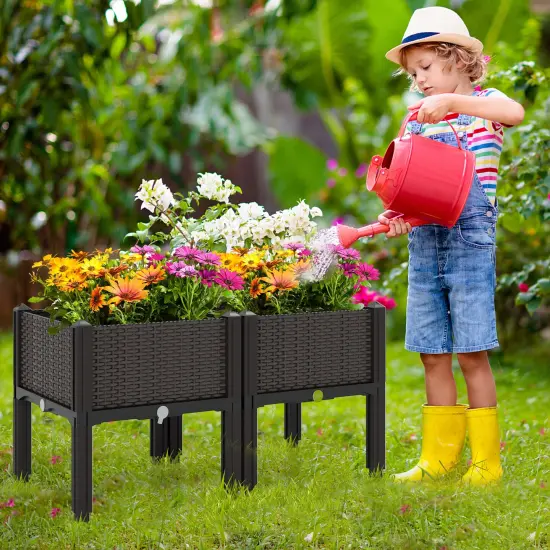 2 Set Elevated Plastic Raised Garden Bed Planter Kit for Flower Vegetable Grow-Brown {2}