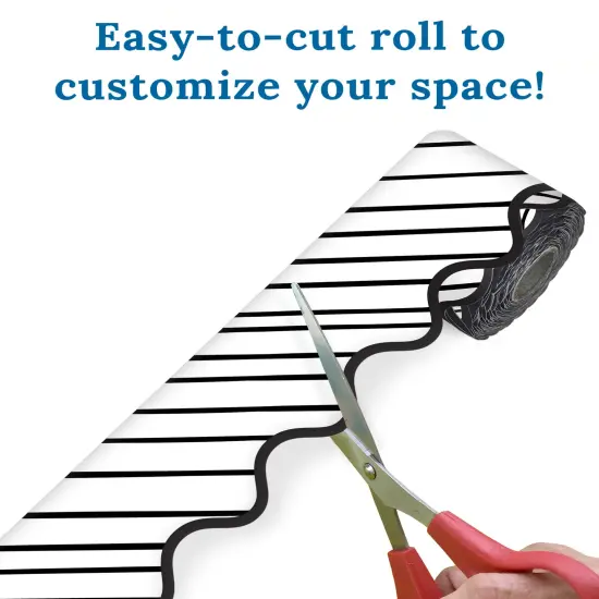 Carson Dellosa 65Ft of Black and White Bulletin Board Borders, 1 Roll of Striped, Scalloped Trim for Rolling Whiteboard, Posterboard, Party, Office Decorations, and Classroom Decor {4}