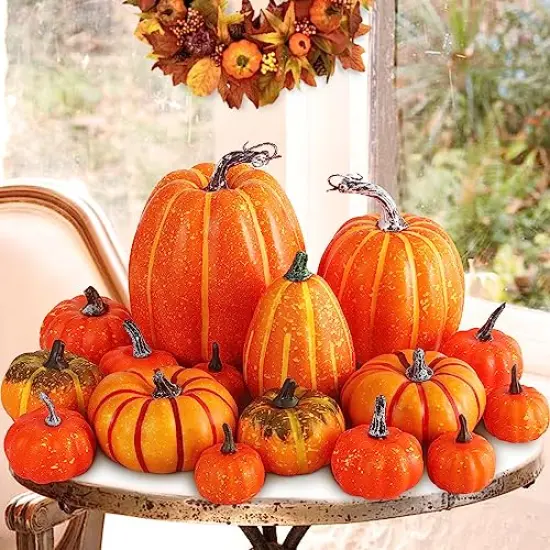 Pumpkin Fall Decorations, Decorative Large Small Outdoor Orange Foam Plastic Fake Faux Artificial Pumpkins for Halloween Autumn Harvest Festival Home Table Decor 16pcs {1}