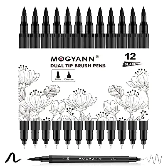 12 Pack Dual Brush Pens Black Markers for Art Drawing Sketching {2}