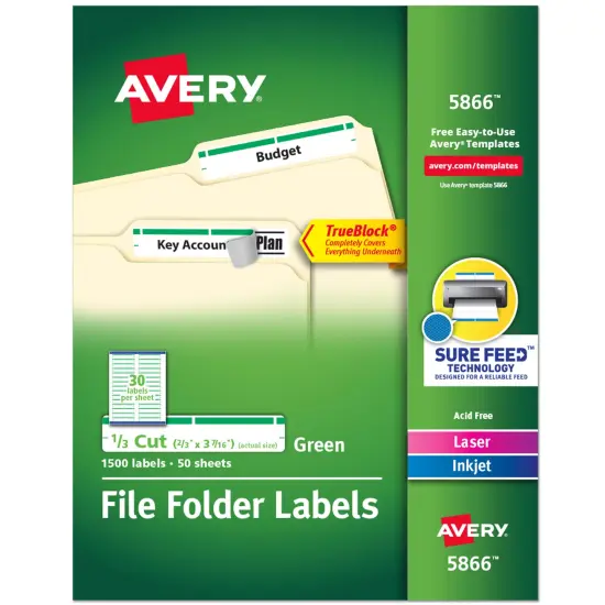 Avery TrueBlock File Folder Labels, Sure Feed Technology, Permanent Adhesive, Green, 2/3" x 3-7/16", 1,500 Labels (5866) {1}